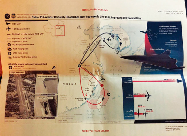 미국 국가지리정보국(NGA) 기밀문서에 적시된 중국군 초음속 스텔스 드론 WZ-8의 정찰비행 경로. 트위터