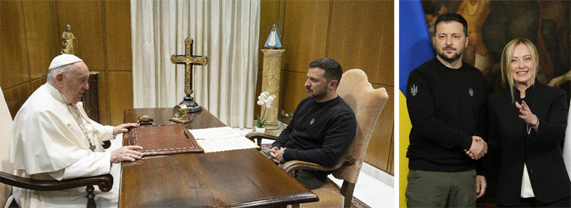 젤렌스키, 러 우크라 침공 이후 바티칸 첫 방문 13일 볼로디미르 젤렌스키 우크라이나 대통령(오른쪽)이 바티칸에서 가톨릭 교황 프란체스코 2세와 환담하고 있다(왼쪽 사진). 
교황과 만나기 전 젤렌스키 대통령은 이탈리아 수도 로마 정부종합청사 키지 궁에서 조르자 멜로니 총리와 약 70분간 정상회담을 
했다. 정상회담 직후 공동 기자회견장에서 젤렌스키 대통령과 멜로니 총리가 악수하고 있다. 바티칸·로마=AP 뉴시스