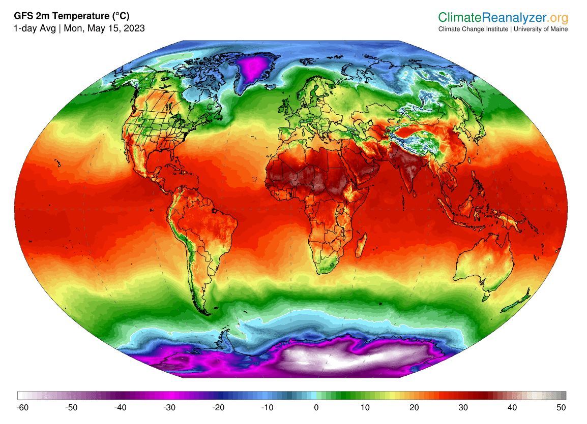 실시간 기후 측정 사이트인 클라이밋 리애널라이저가 공개한 지구 기온 분포도. Climate Reanalyzer 캡처