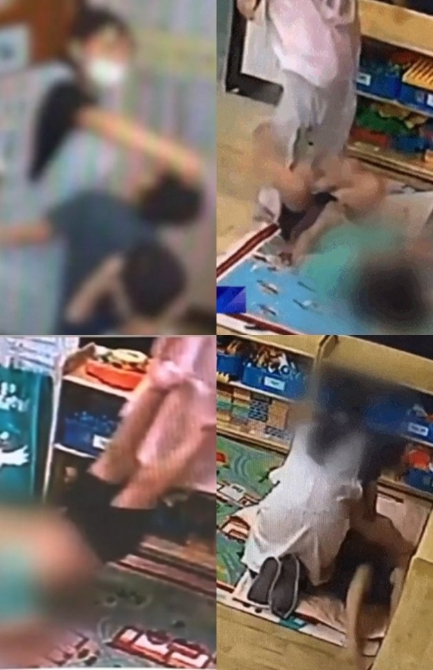 진주 장애아동 어린이집 교사들이 장애아동들을 학대하는 장면이 담긴 CCTV 영상. 지난해 6월부터 두달 사이 벌어진 일로 어떤 아동은 무려 250차례나 학대를 당했다. (JTBC 갈무리)