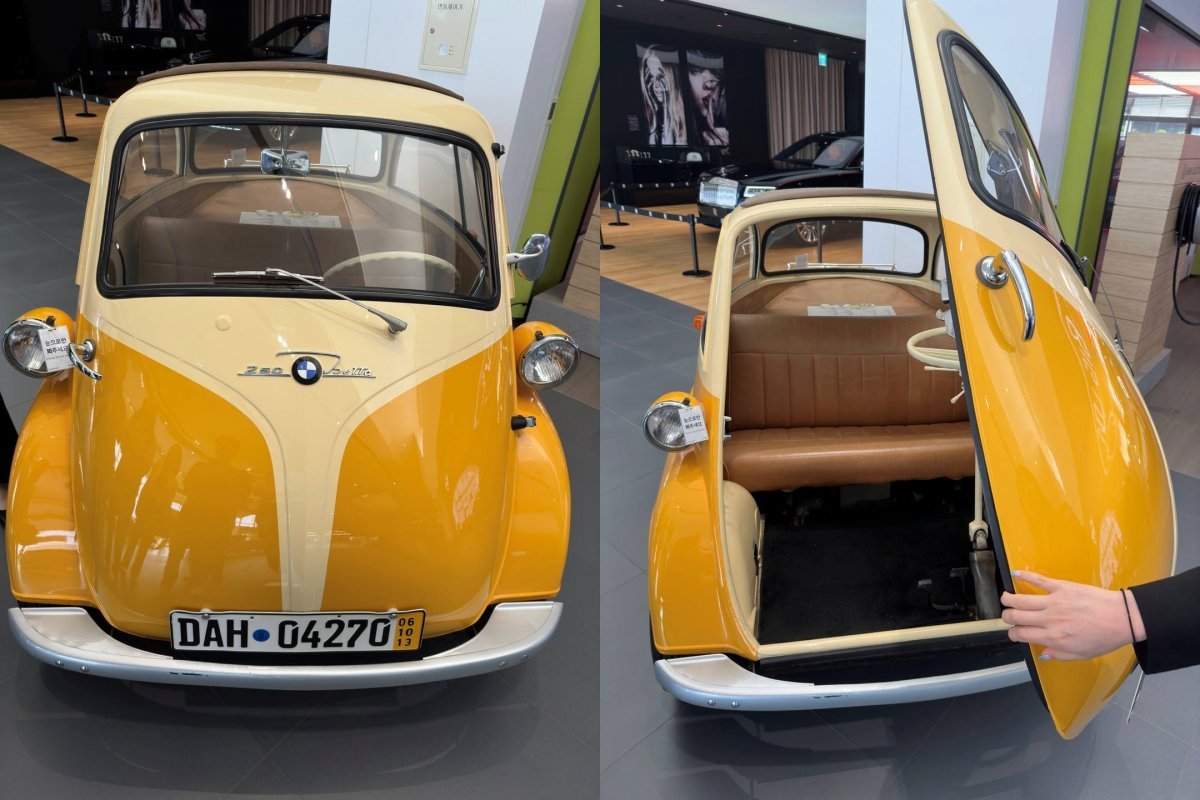 BMW가 1955년 출시한 경형 해치백 ‘이세타(Isetta)’의 모습. 앞으로 문을 여는 특징이 있다. 국내에 4대가 남아 있는 해당 모델 중 2대는 BMW 드라이빙센터에 전시돼 있다. 출처=IT동아