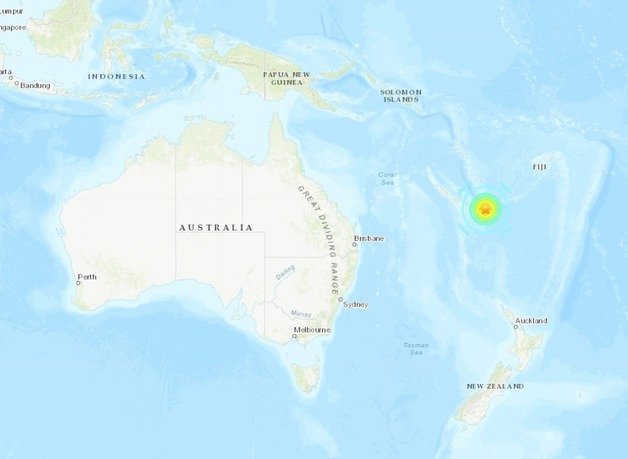 19일(현지시간) 프랑스령 뉴칼레도니아의 로열티 제도 남동쪽 지점에서 규모 7.7의 지진이 발생했다. (USGS 홈페이지 갈무리)