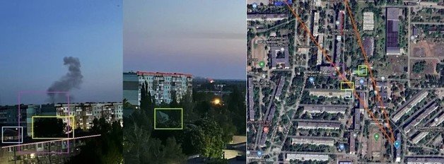 21일(현지시간) 이른 오전 러시아가 점령한 우크라이나 남동부 베르댠스크에서 연기와 폭발이 발생했다. 맨 오른쪽 위성사진에는 연기와 폭발이 발생한 각 지점이 표시돼있다. (‘더 뉴 보이스 오브 우크라이나’ 제공 사진 갈무리) 2023.5.22