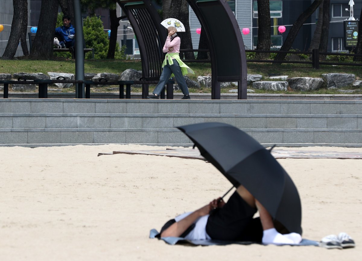 전국적으로 초여름 날씨를 보인 15일 오후 부산 해운대해수욕장에서 시민들이 우산과 부채로 햇빛을 가리고 있다. 2023.5.15. 뉴스1
