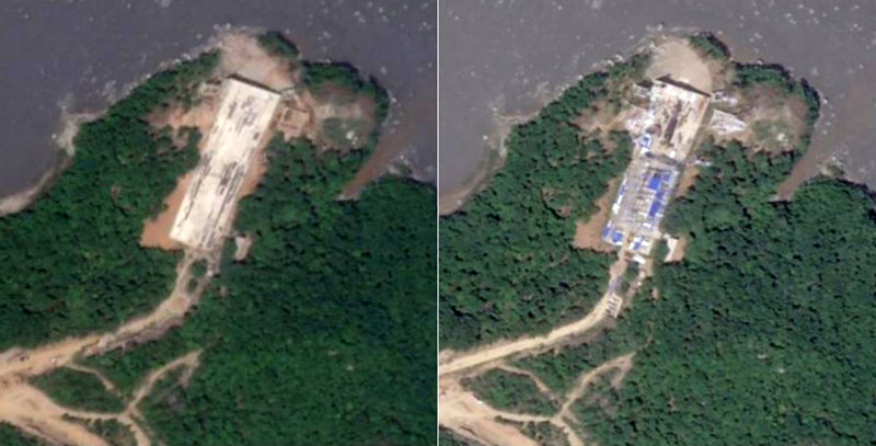 공사 중인 北 동창리 미국의 민간 위성사진업체 플래닛랩스가 22일 촬영한 북한 평안북도 철산군 동창리 서해위성발사장 
사진(오른쪽)에 이동식 열차 차량기지로 추정되는 파란색 건물들과 각종 설비들이 포착됐다. 16일 사진(왼쪽)에는 흰 콘크리트 
바닥만 찍혔다. 사진 출처 플래닛랩스