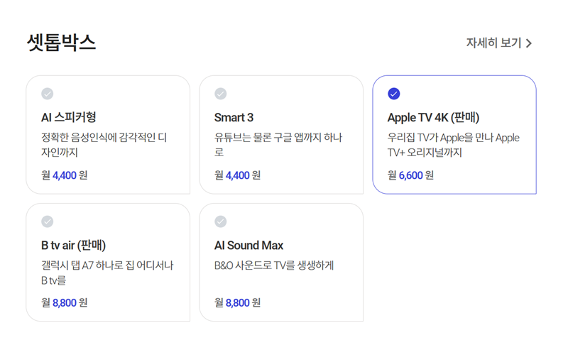 SK브로드밴드는 셋톱박스로 애플TV를 선택할 수 있다. 출처=SK브로드밴드 홈페이지 캡처