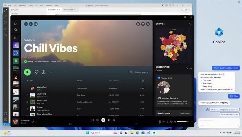 코파일럿으로 스포티파이 추천 음악 재생목록을 띄울 수도 있다. 출처=마이크로소프트