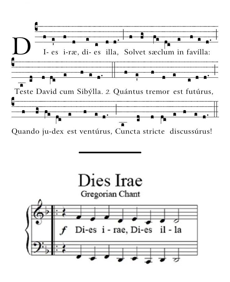 그레고리오 성가 ‘디에스 이레’의 중세 악보(위)와 이를 현대식으로 적은 악보. 근대의 여러 작곡가가 이 선율을 자신의 작품 속에 삽입했다. 동아일보DB