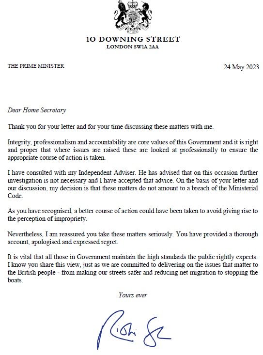 수낵 총리가 과속 사건에 대한 진상조사를 하지 않겠다는 결정을 담아 24일 브래버먼 장관에게 보낸 편지.