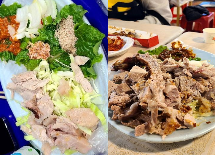 남원 지역 단체가 운영하는 식당에서 나온 4만 원 짜리 통돼지 바베큐(왼쪽)과 근처 야시장 전문 식당에서 판매하는 같은 가격의 메뉴. 보배드림 갈무리