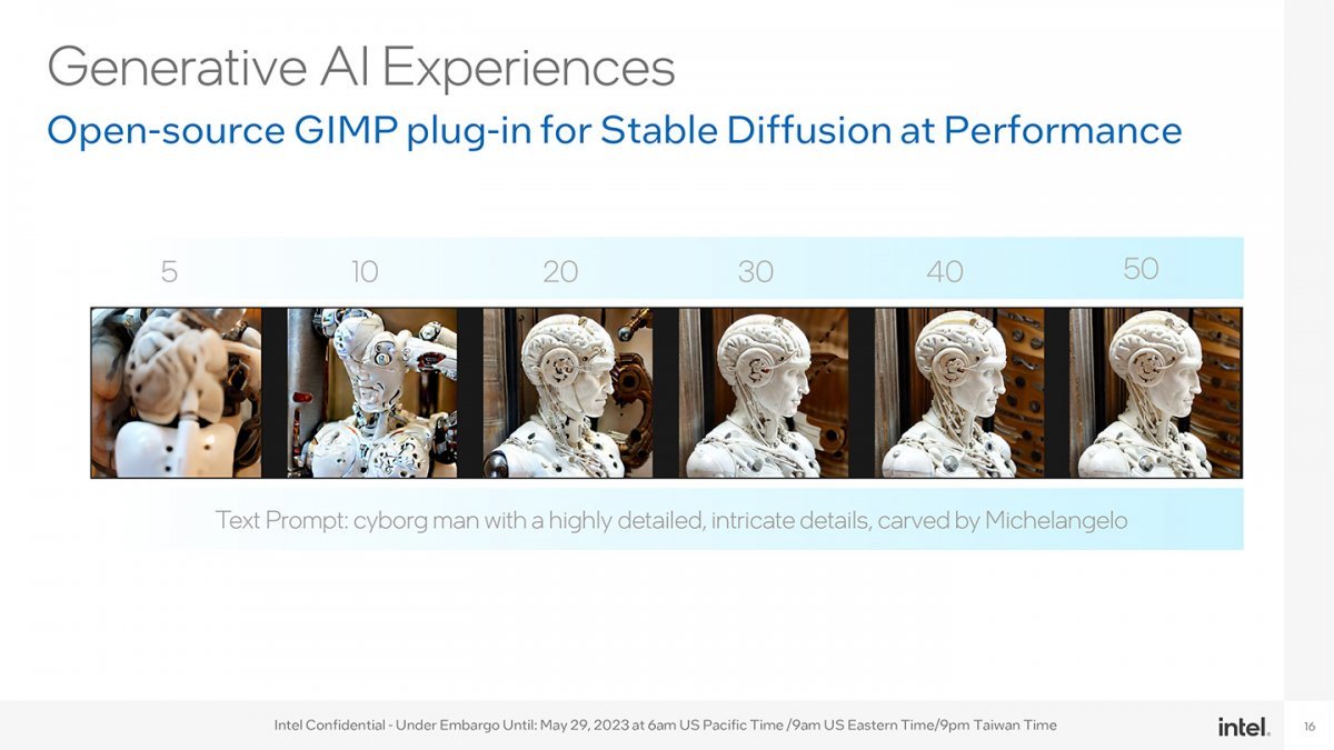 인텔은 사전 브리핑에서 이미지 편집 프로그램 GIMP에 포함된 생성형 AI '스테이블 디퓨전' 플러그인을 VPU로 구동하는 예시를 선보였다. 출처=인텔