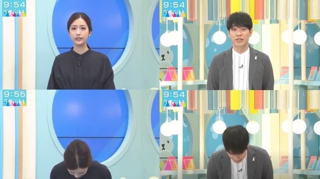 지난달 5일과 8일 각각 방송 말미에 야마조에 칸의 민폐 행동에 대해 사과의 말을 전한 ‘러빗!’ MC 다무라 마코(왼쪽)와 가와시마 아키라. (일본 TBS 아침 정보 프로그램 ‘러빗!’)