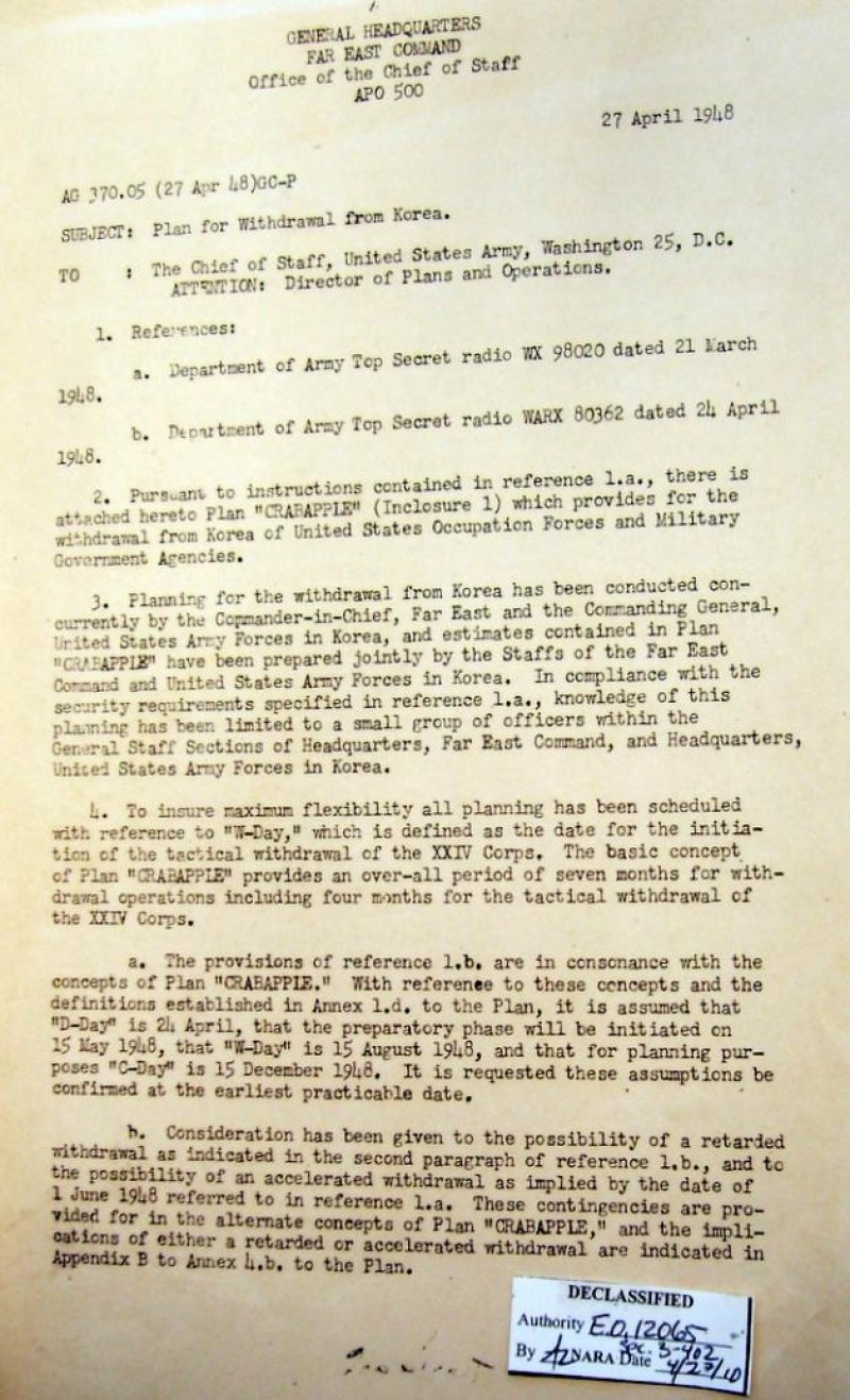 미국 극동군사령부가 1948년 4월 27일 자로 작성한 주한 미군 철수 계획서  ‘크래바플’