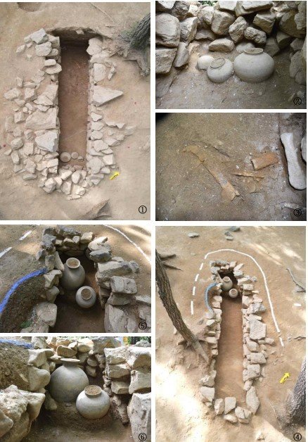 4호 석곽묘 조사후 전경(①), 4호 석곽묘 출토유물 모습(②,③), 5호 석곽묘 조사후 전경(④), 5호 석곽묘 출토유물 모습(⑤,⑥)(문화재청 제공)
