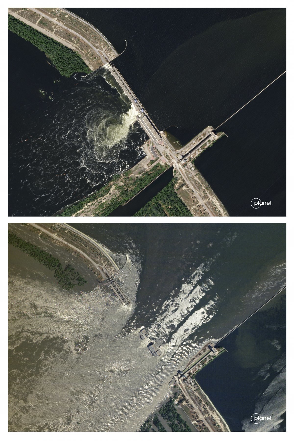 플래닛 랩스 PBC가 제공한 4일(위)과 6일(아래)의 노바 카호우카 댐의 모습. AP뉴시스