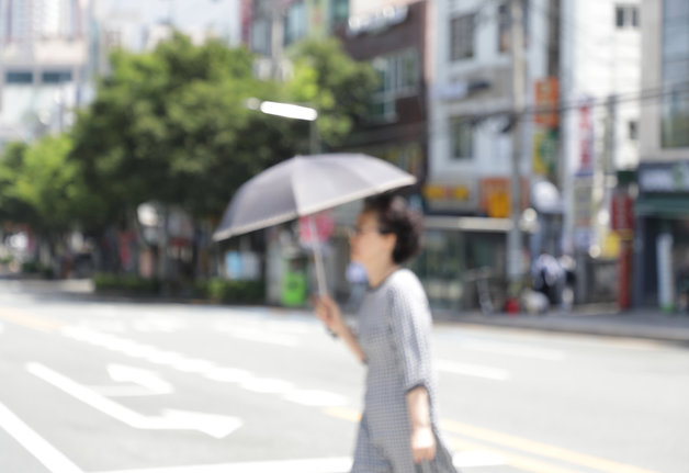 울산대학교사거리에서 시민이 뜨거운 햇빛을 피해 양산을 쓰고 횡단보도를 지나고 있다./뉴스1