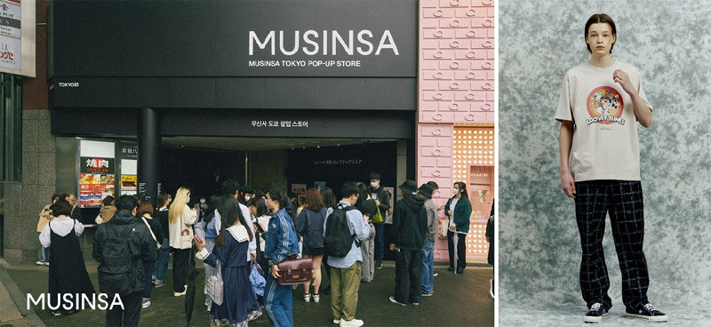 최근 한국 패션업계의 일본 공략이 두드러지고 있다. 무신사가 4월 도쿄 하라주쿠에서 마련한 팝업스토어는 열흘간 3만 명 이상이 
방문했다(왼쪽 사진). 스트리트 캐주얼 브랜드 마하그리드(오른쪽 사진)와 마르디메크르디 등의 브랜드도 일본에서 큰 인기다. 각 사
 제공