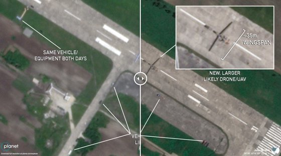 지난 14일 북한 방현(북한평안북도구성시 청룡리에 있는 군공항) 공군기지 활주로에서 포착된 북한의 신형 드론. 플래닛랩스/NK뉴스 갈무리