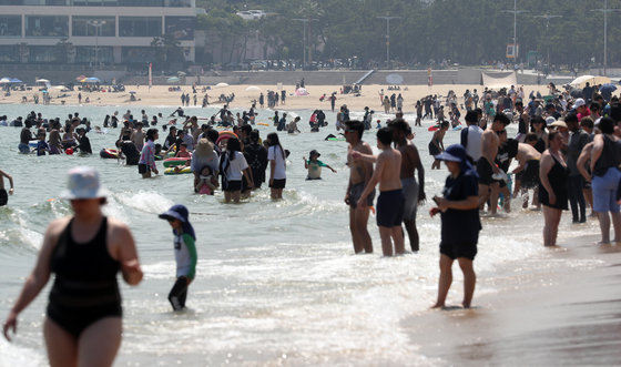 무더위가 기승을 부린 18일 오후 부산 해운대해수욕장을 찾은 피서객들이 물놀이를 즐기며 더위를 식히고 있다. 이날 서울 등 내륙을 중심으로 전국 곳곳에 폭염주의보가 내려졌다. 2023.6.18. 뉴스1