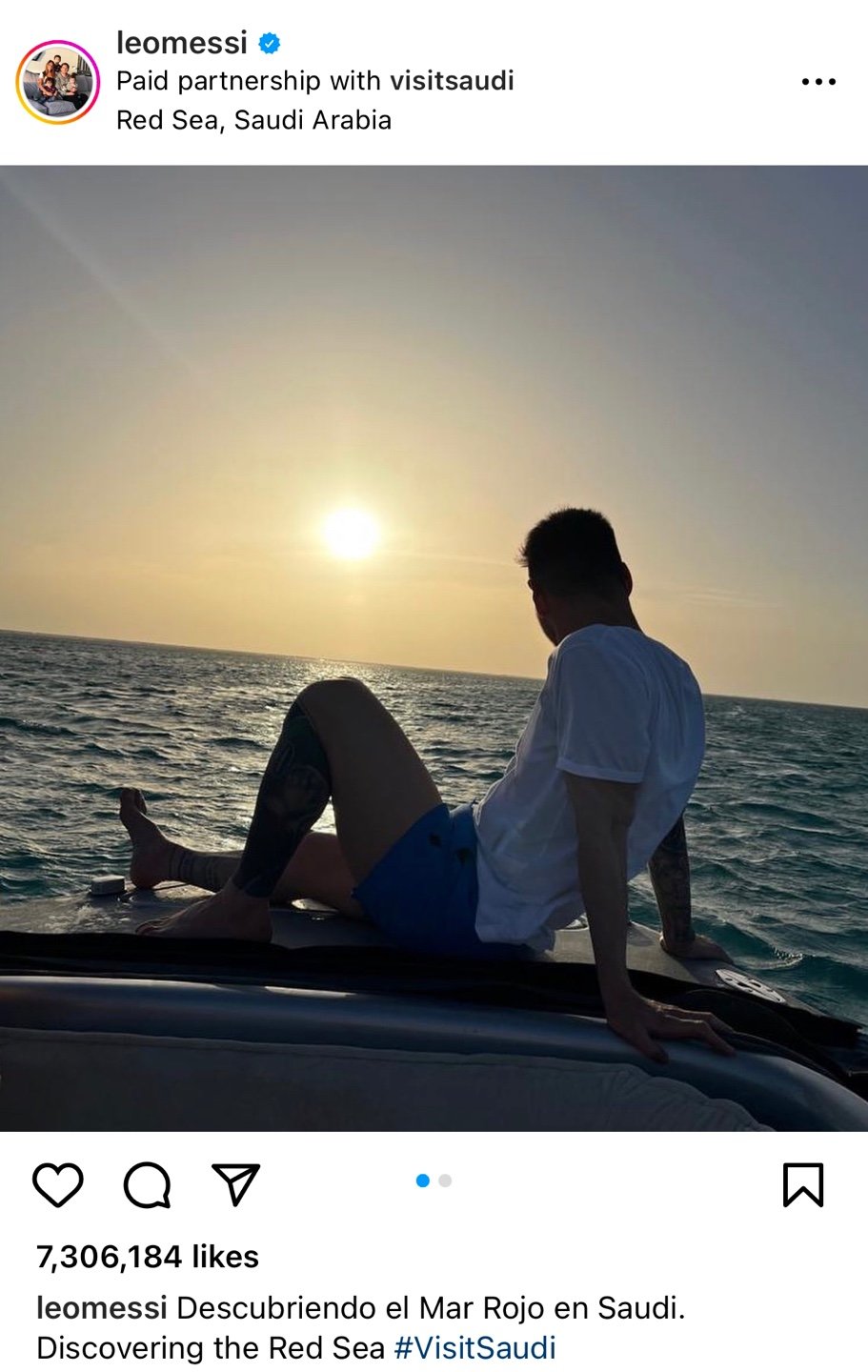 리오넬 메시가 지난해 5월 자신의 인스타그램에 올린 사우디아라비아 홍해에서 찍은 사진. 미국 뉴욕타임스(NYT)에 따르면 사진 값으로 사우디 정부는 약 200만 달러(25억6000만 원)를 지급했다. 인스타그램 캡처