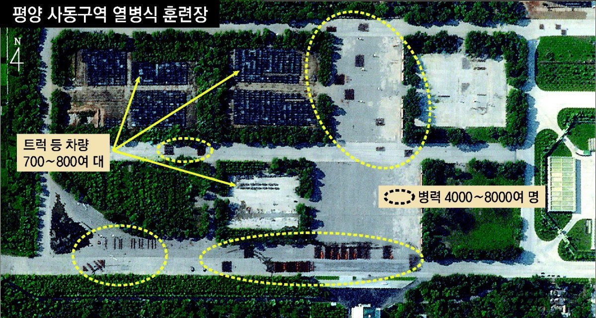 北, 병력 4000~8000명 열병식 훈련 미국 상업 위성 서비스 업체인 ‘플래닛 랩스’가 포착한 북한 평양 미림비행장 일대의 열병식 훈련장 모습. 15일 촬영된 사진에서 
직사각형 모양의 대규모 행렬 30개와 소규모 행렬 등 병력 4000∼8000명이 포착됐다. 트럭 등 차량은 700∼800대로 
추산된다. 사진 출처 자유아시아방송