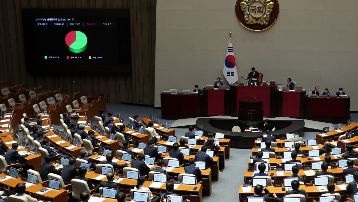 13일 오후 서울 여의도 국회에서 열린 제405회국회(임시회) 제4차 본회의에서 ‘양곡관리법 일부개정법률안 재의의 건’ 상정을 위한 의사일정 변경동의의 건이 표결되고 있다. 2023.04.13. 뉴시스