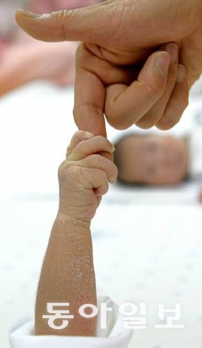 신생아실에서 태어난 지 며칠 안된 아기가 엄마의 손가락을 붙잡고 있다. 동아일보DB