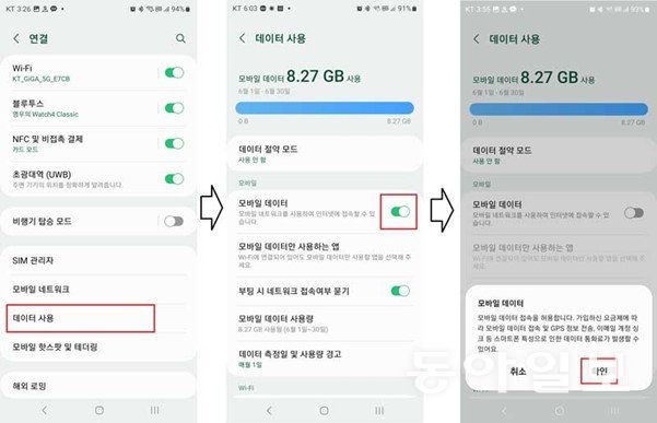 ‘데이터 사용’ 메뉴에서 ‘모바일 데이터’를 활성화 후 ‘확인’을 선택 ＜출처=IT동아＞