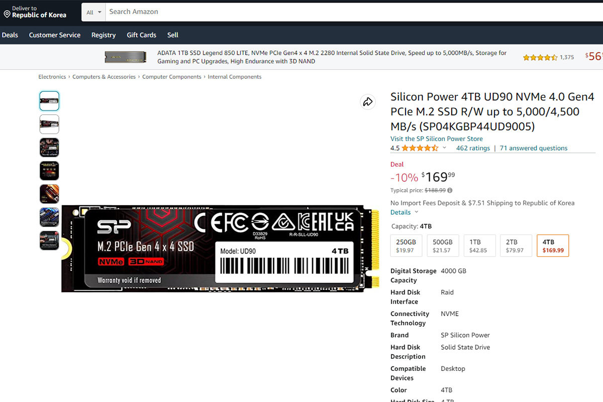 아마존에서 4TB SSD가 169달러(약 22만 원) 수준에 판매되고 있다. 국내에서는 동일한 수준의 제품이 35만 원대다. 출처=아마존