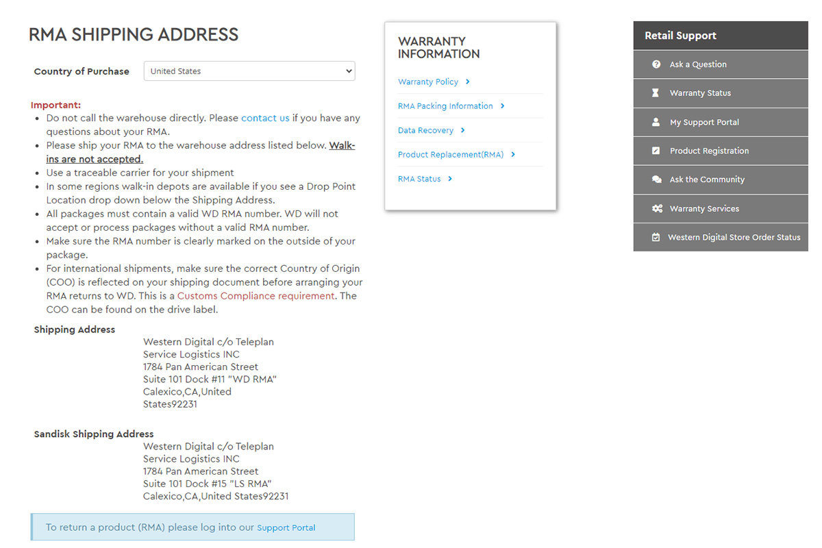 웨스턴디지털의 RMA 신청 페이지, 본인이 직접 해당 주소로 국제 택배를 보낸 뒤 RMA 신청 여부 등을 확인해야 합니다. 출처=웨스턴디지털