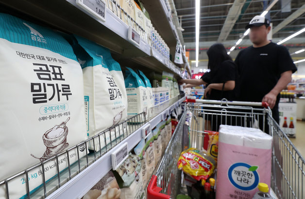 정부가 주요 제분사에 국제 밀 가격 하락에 따른 밀가루 가격 인하 등을 요청할 것으로 알려진 25일 서울 한 대형마트를 찾은 고객이 밀가루를 살펴보고 있다. 2023.6.25. 뉴스1