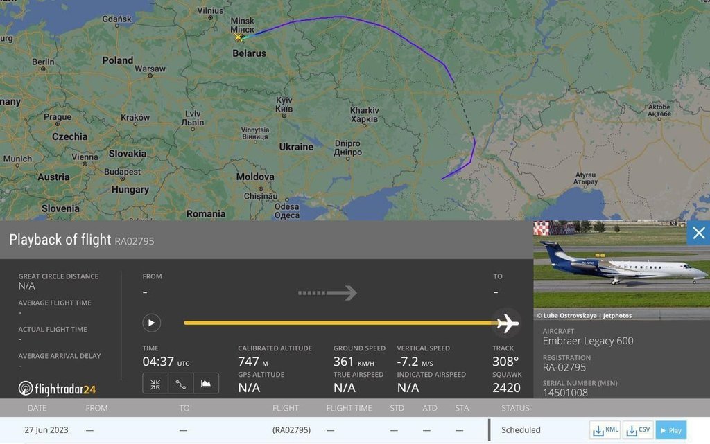 프리고진의 전용기 항적이 기록된 플라이트레이더24. 플라이트레이더24 캡처