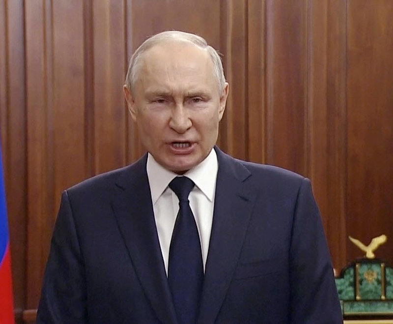 블라디미르 푸틴 러시아 대통령이 26일(현지 시간) 연설에서 유혈 사태를 피하기 위해 민간 용병회사 바그너그룹의 무장 반란을 
용인했다는 뜻을 밝혔다. 모스크바=AP 뉴시스