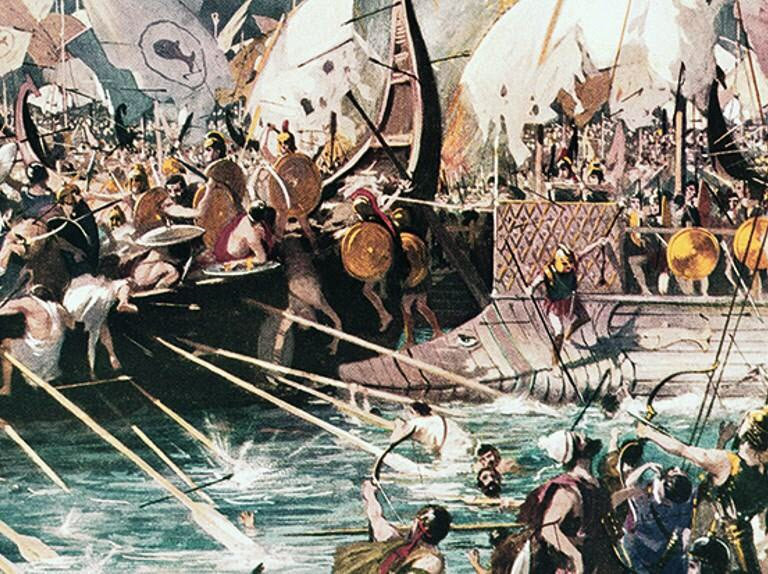 투키디데스의 ‘펠로폰네소스 전쟁사’는 전쟁의 도화선인 코린토스-케르퀴라-에피담노스의 갈등 이야기에서 시작한다. 기원전 433년 시보타 항구 근처에서 벌어진 케르퀴라와 코린토스의 해전을 묘사한 그림. 사진 출처 위키피디아