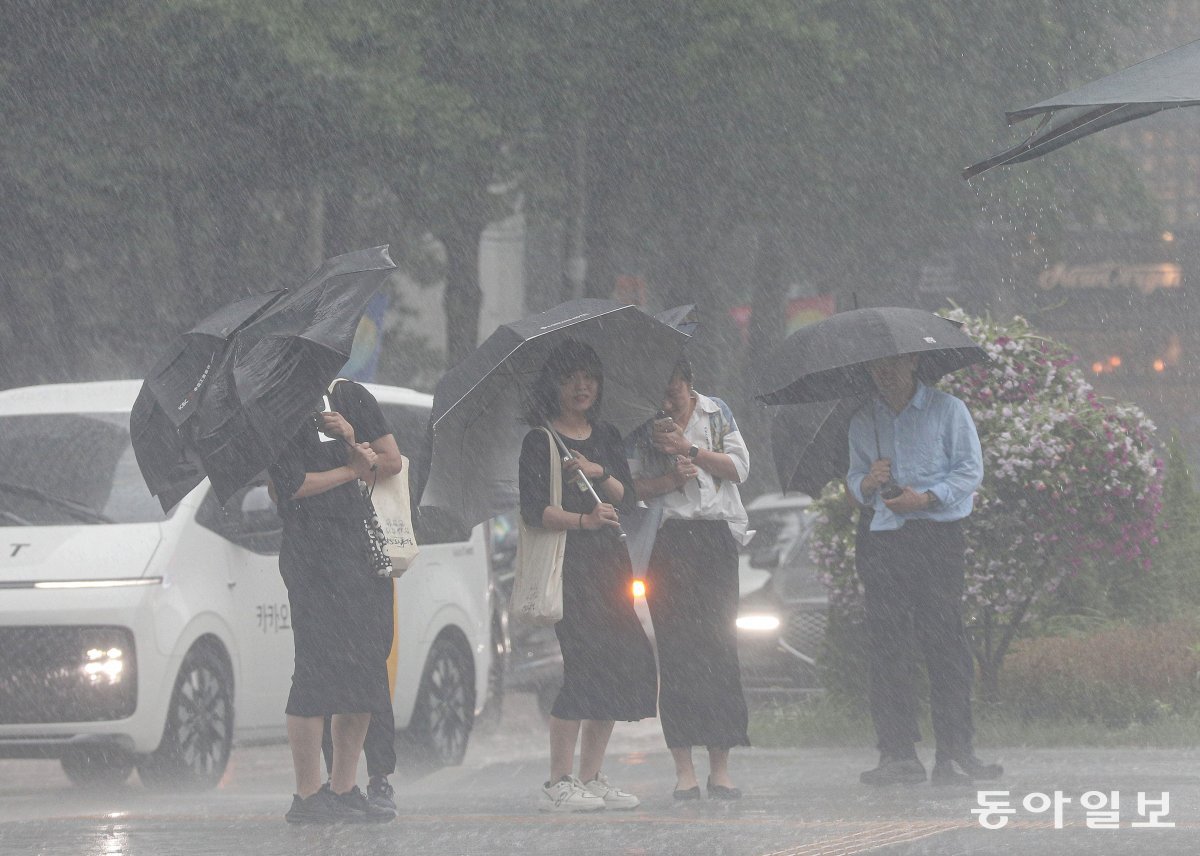 장마철이 시작되며 비가 내리고 있는 29일 오후 서울 세종대로 광화문광장에서 우산을 쓴 시민들이 발걸음을 재촉하고 있다. 송은석 기자 silverstone@donga.com