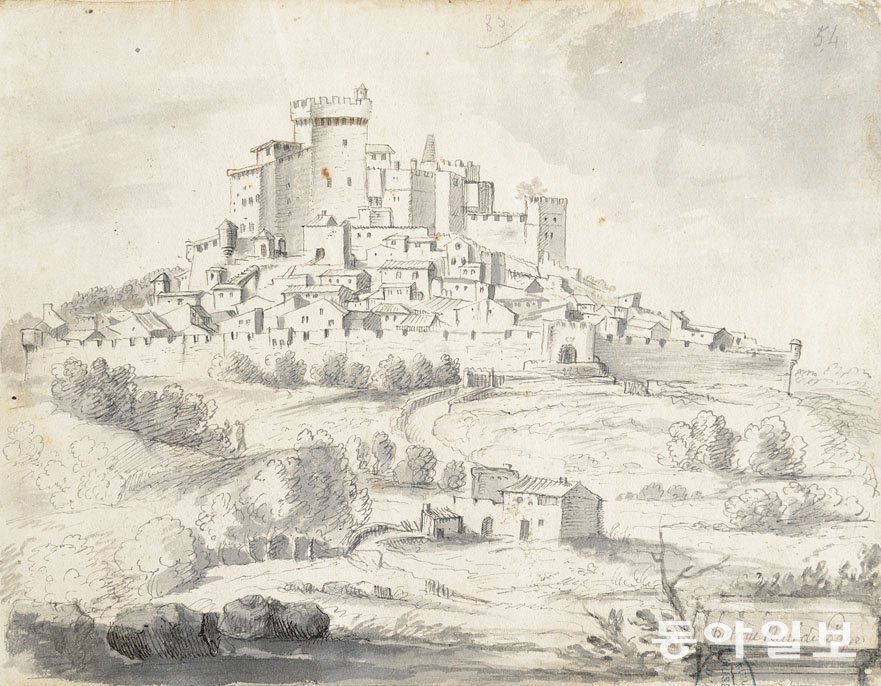 17세기에 그려진 샤토 네프 뒤 파프. 파괴되기 전 성의 온전한 모습이 남아 있다.