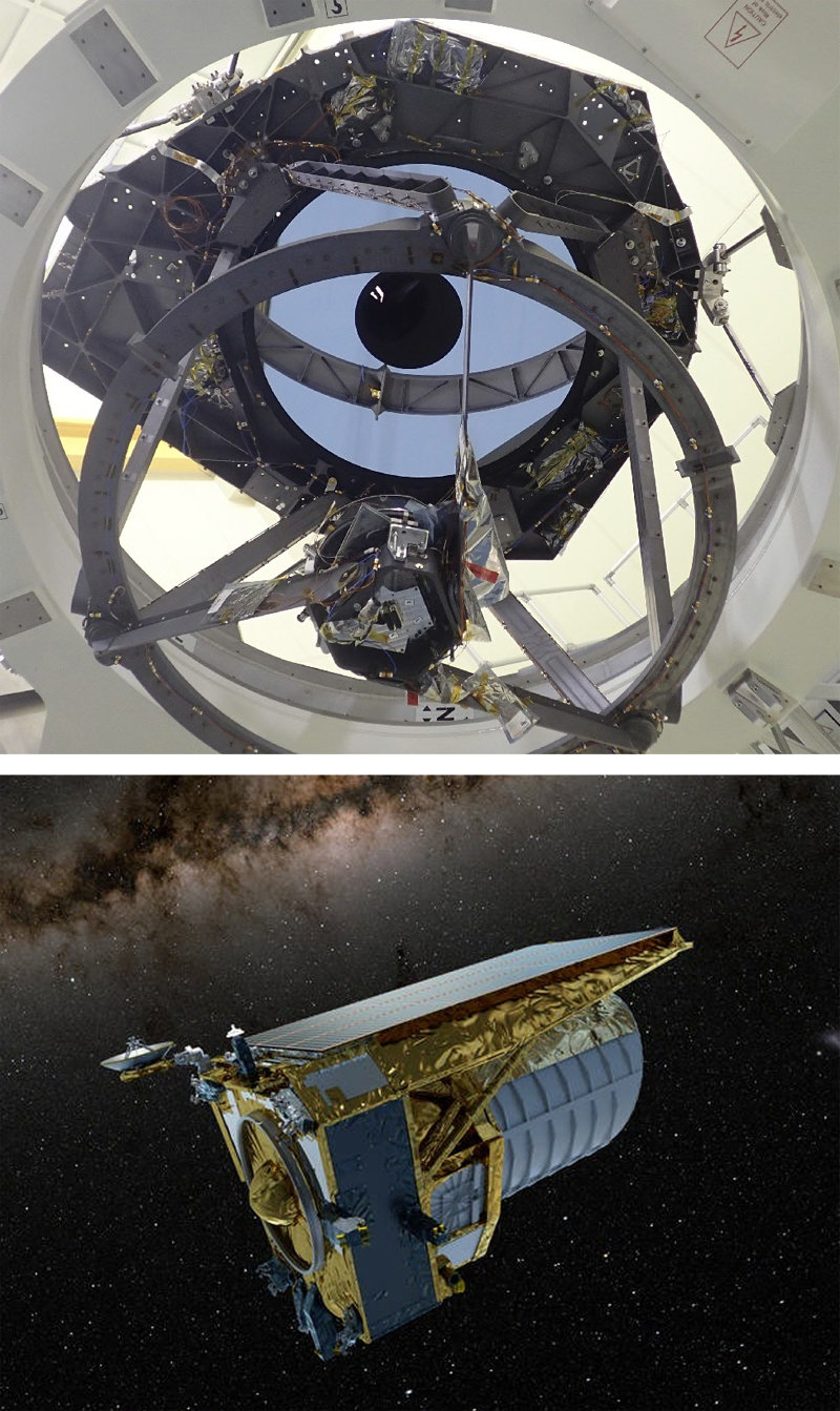 1일(현지 시간) 발사된 유클리드 망원경의 내부 모습(위쪽 사진) 및 상상도. 유클리드 망원경은 우주의 95%를 차지하는 것으로 추정되는 암흑에너지와 암흑물질을 관측하는 임무를 수행하게 된다. AP·유럽우주국(ESA) 제공