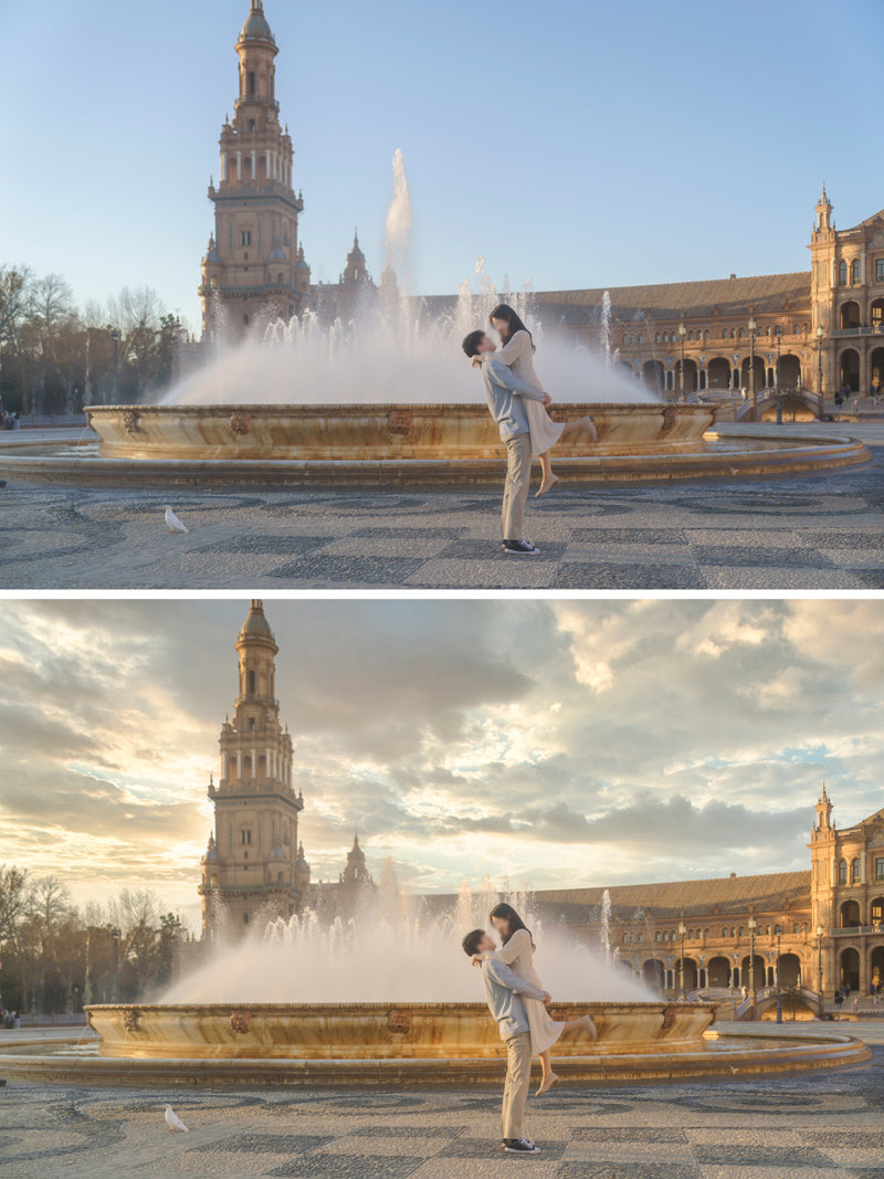 스페인 세비야의 ‘스페인 광장’에서 한 신혼부부가 사진을 찍고 있다. 보정 전 사진(위쪽 사진)은 단순한 파란 하늘이 배경이지만 
보정을 한 뒤 사진(아래쪽 사진)을 보면 구름 낀 하늘에 햇볕이 드리워진 해질 무렵 사진으로 바뀌었다. 독자 제공