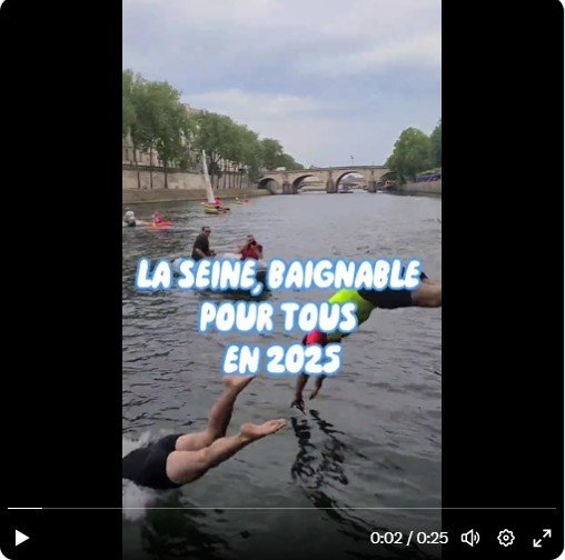 9일(현지시간) 프랑스 파리 센강에 파리 부시장들이 입수하고 있다. 안 이달고 시장은 이 모습을 담은 영상을 자신의 트위터에 올린 뒤 2025년 센강 수영구역 3이 개장한다고 밝혔다. (트위터 ‘Anne Hidalgo’ 갈무리) 2023.7.9.
