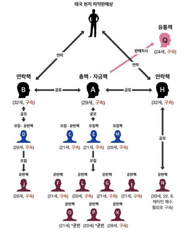 최근 기소된 태국 발 케타민 밀수 조직의 조직도 및 주요 역할 (서울중앙지방검찰청 재공) ⓒ 뉴스1