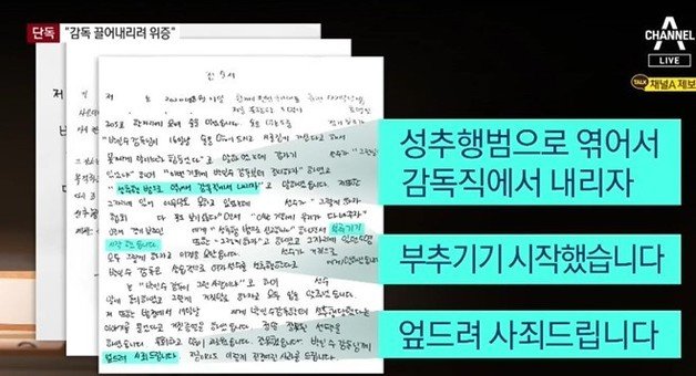 일부 대표팀 선수들은 진술서를 통해 위증한 사실을 실토했다. 채널A 갈무리