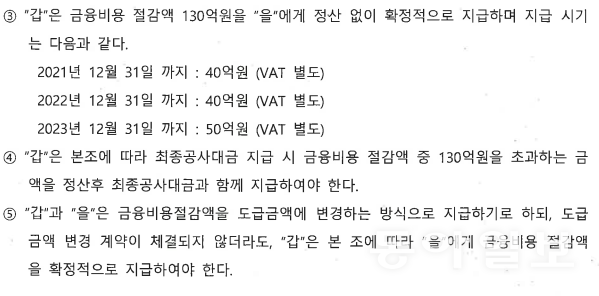 방 전 대표 재임 시절인 2020년 10월 31일 인천글로벌시티가 A사와 쳬결한 송도아메리칸타운 2단계 시공계약서 중 일부.