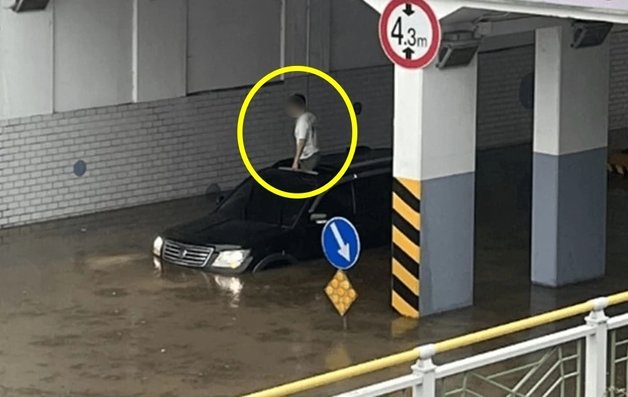 11일 오후 2시 17분경 경북 경산시 옥산동의 한 지하차도에 물이 차올라 차량이 잠기자 차주가 선루프를 열고 구조를 기다리고 있다. 온라인 커뮤니티