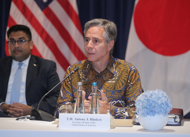 토니 블링컨 미국 국무장관이 14일(현지시간) 인도네시아 자카르타 더 세인트 레지스 자카르타에서 열린 한·미·일 외교장관 회담에서 모두발언 하고 있다. 2023.7.14. 사진공동취재단