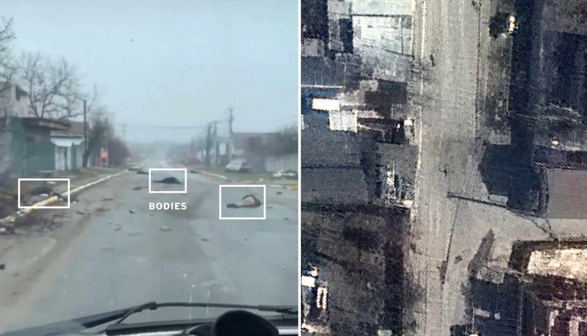 러軍 점령때 위성사진 속 시신, 퇴각 후에도 그대로 러시아군이 점령 중이던 지난달 19일 우크라이나 수도 키이우 서북쪽 부차 거리를 맥사가 촬영한 위성사진. 시신 3구(네모 안)가 보인다(오른쪽 사진). 러시아군이 퇴각한 뒤 이달 1일 같은 거리를 촬영한 영상에서 같은 위치에 이 시신들이 있다. 인스타그램·맥사테크놀로지