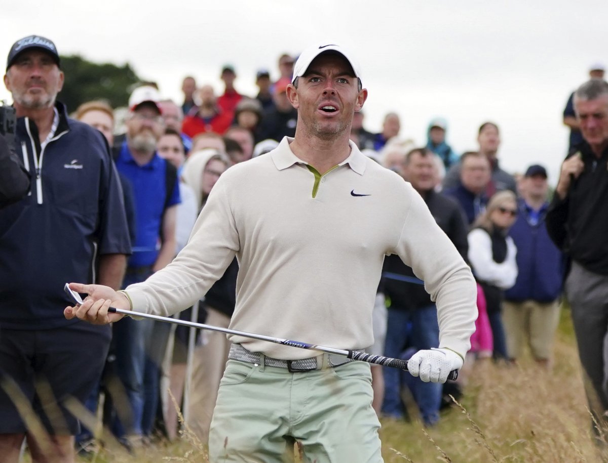 Northern Ireland‘s Rory McIlroy reacts after a pitch on day four of the Genesis Scottish Open 2023 golf tournament at The Renaissance Club, North Berwick, Britain, Sunday, July 16, 2023. (Jane Barlow/PA via AP)