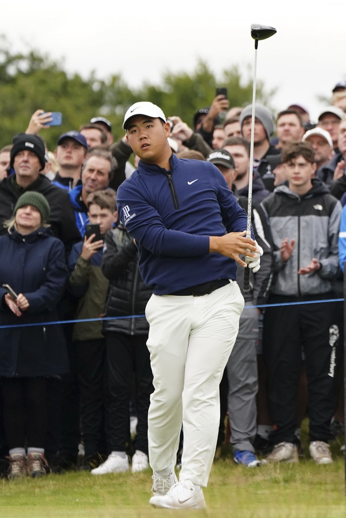 Koreas‘s Tom Kim on the second tee on day four of the Genesis Scottish Open 2023 golf tournament at The Renaissance Club, North Berwick, Britain, Sunday, July 16, 2023. (Jane Barlow/PA via AP)