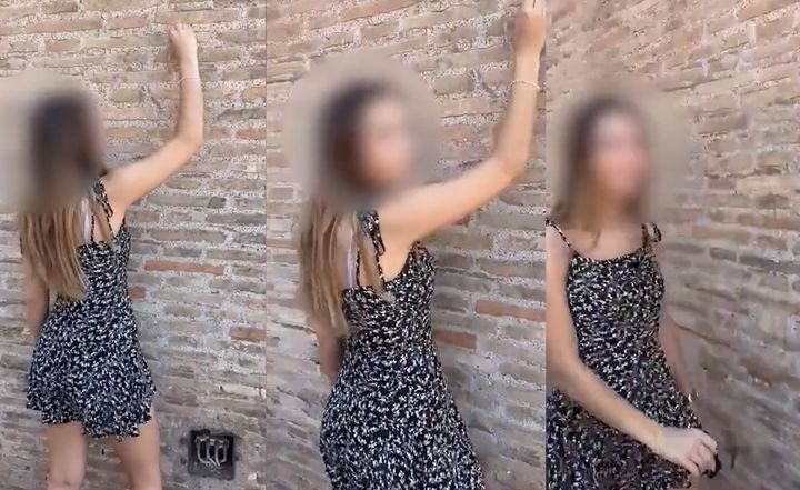 지난 14일(현지시간) 스위스 국적의 17세 소녀가 이탈리아 로마 콜로세움 벽면에 글자 ‘N’을 새기고 있다. 트위터