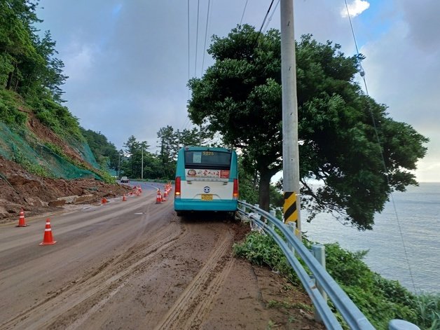 17일 오전 6시44분쯤 전남 여수시 돌산읍 한 도로에서 마을버스가 가드레일에 부딪혀 정차돼 있다.(전남소방본부 제공)2023.7.17/