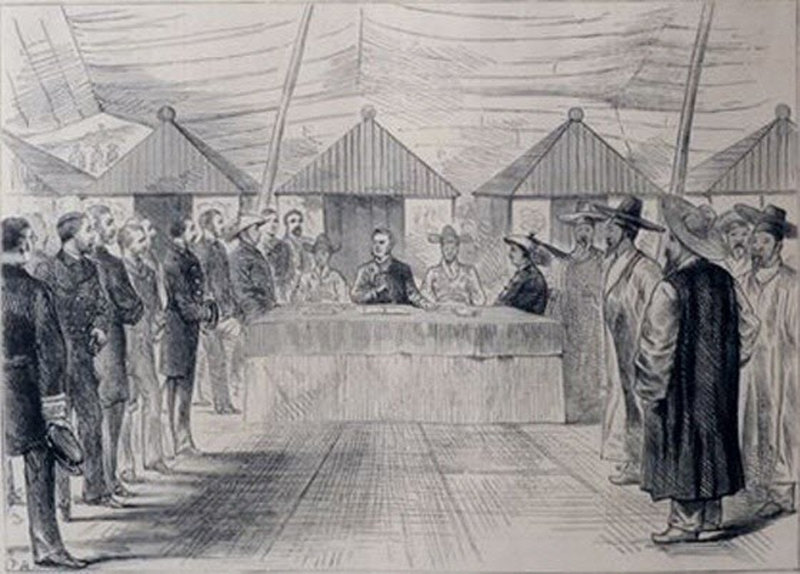1882년 인천 제물포에서 조선과 미국 간에 체결된 조미수호통상조약을 그린 당시 삽화. 이승만은 그의 저서를 통해 미국이 이 조약을 파기했고, 그로 인해 일본이 한국을 침략할 수 있는 길을 터 주었다고 지적했다. 나무위키 제공